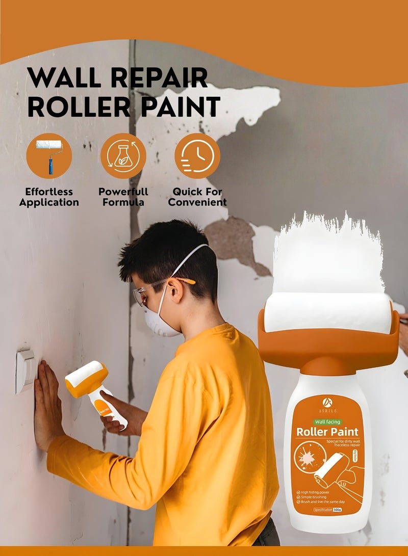 بكرة طلاء لإصلاح الجدران - طلاء شامل لإصلاح الجدران مع بكرة مدمجة، سريع الجفاف، يغطي الشقوق والبقع، لا حاجة لفرشاة، إصلاح سهل للخدوش والثقوب والعلامات - Image 1